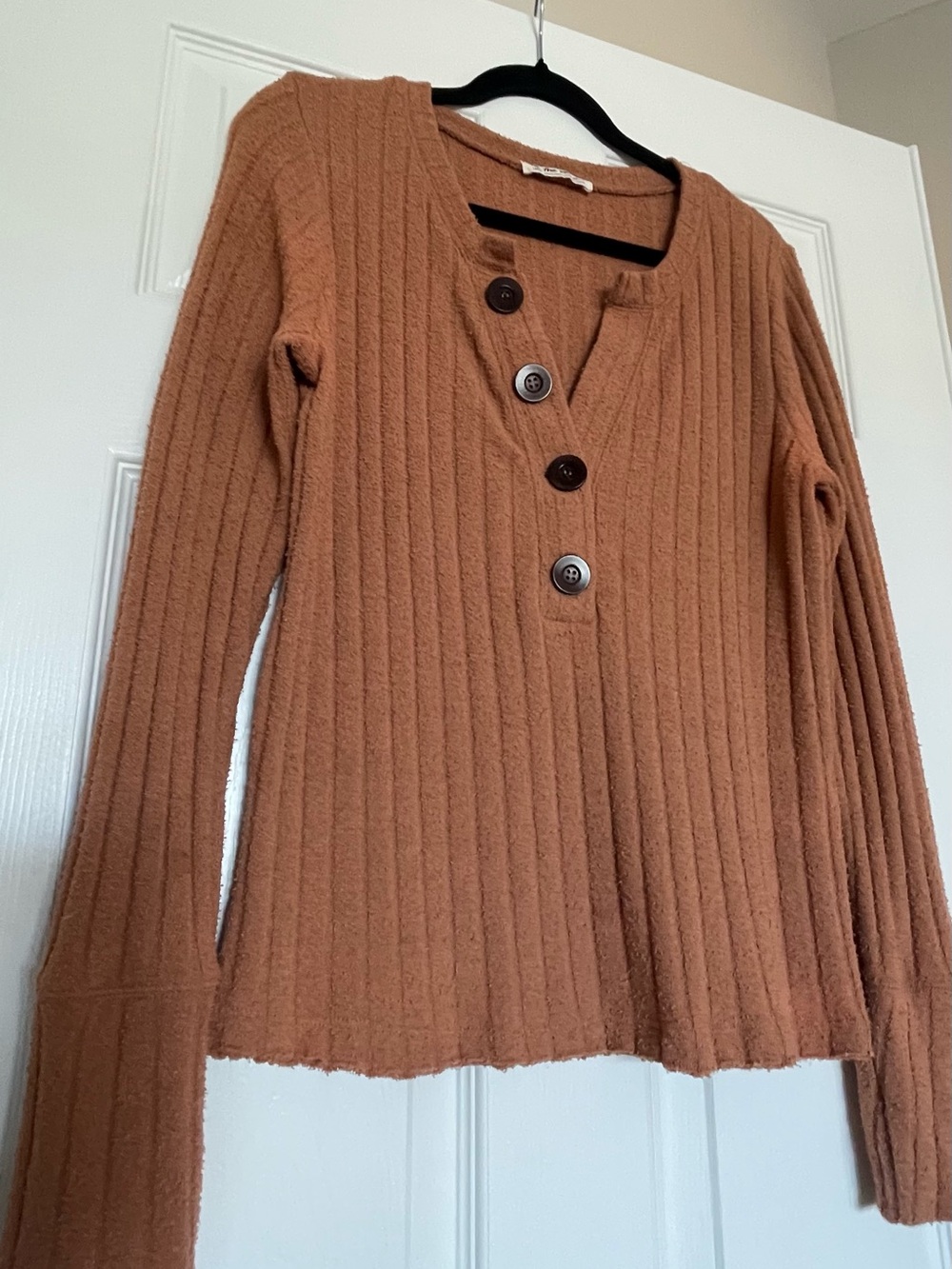 We The Free Ribbed V-Neck Button Sweater - Muted Pumpkin